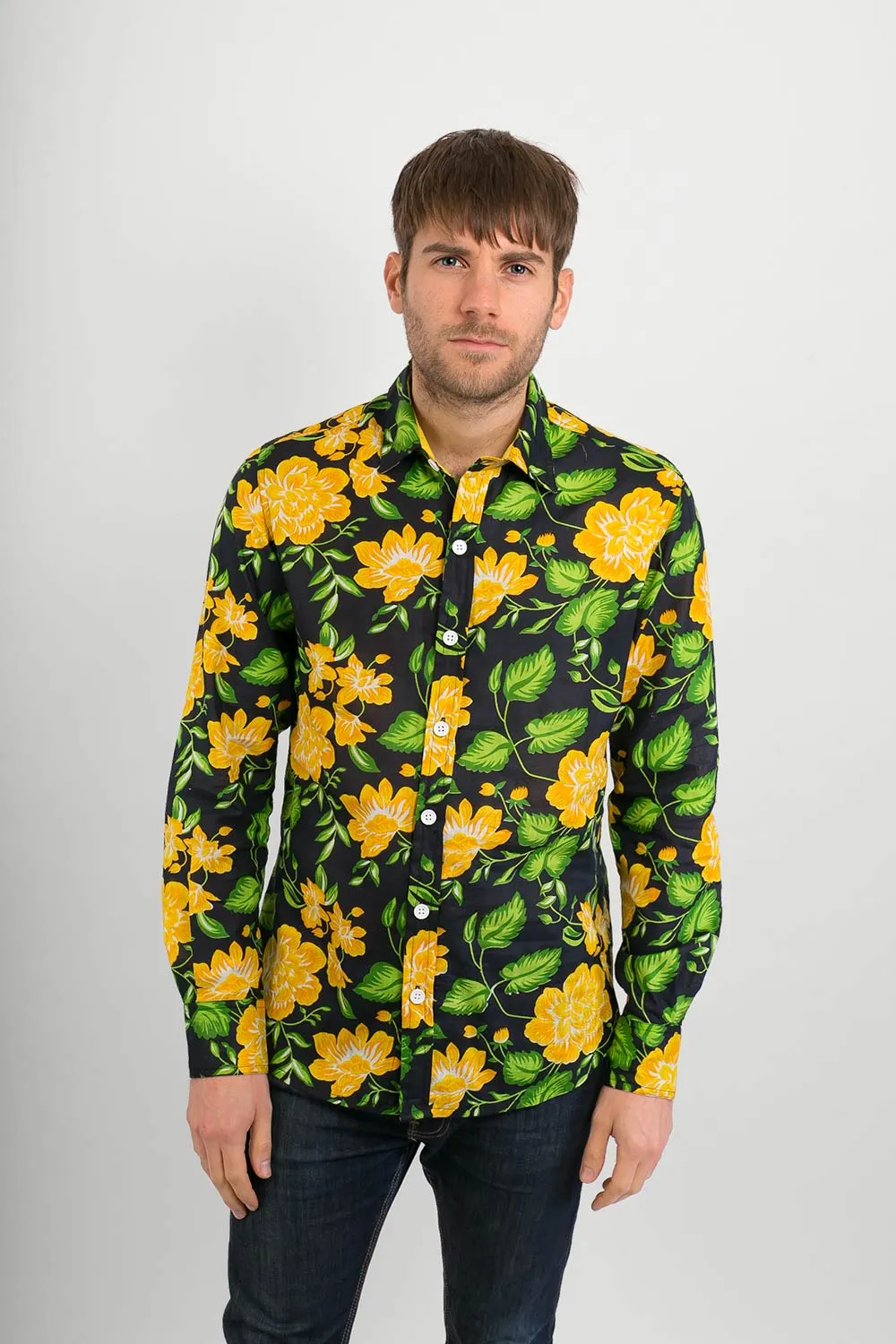 Yellow Black Flowers Print Lightweight Cotton Slim Fit Mens Shirt Long Sleeve