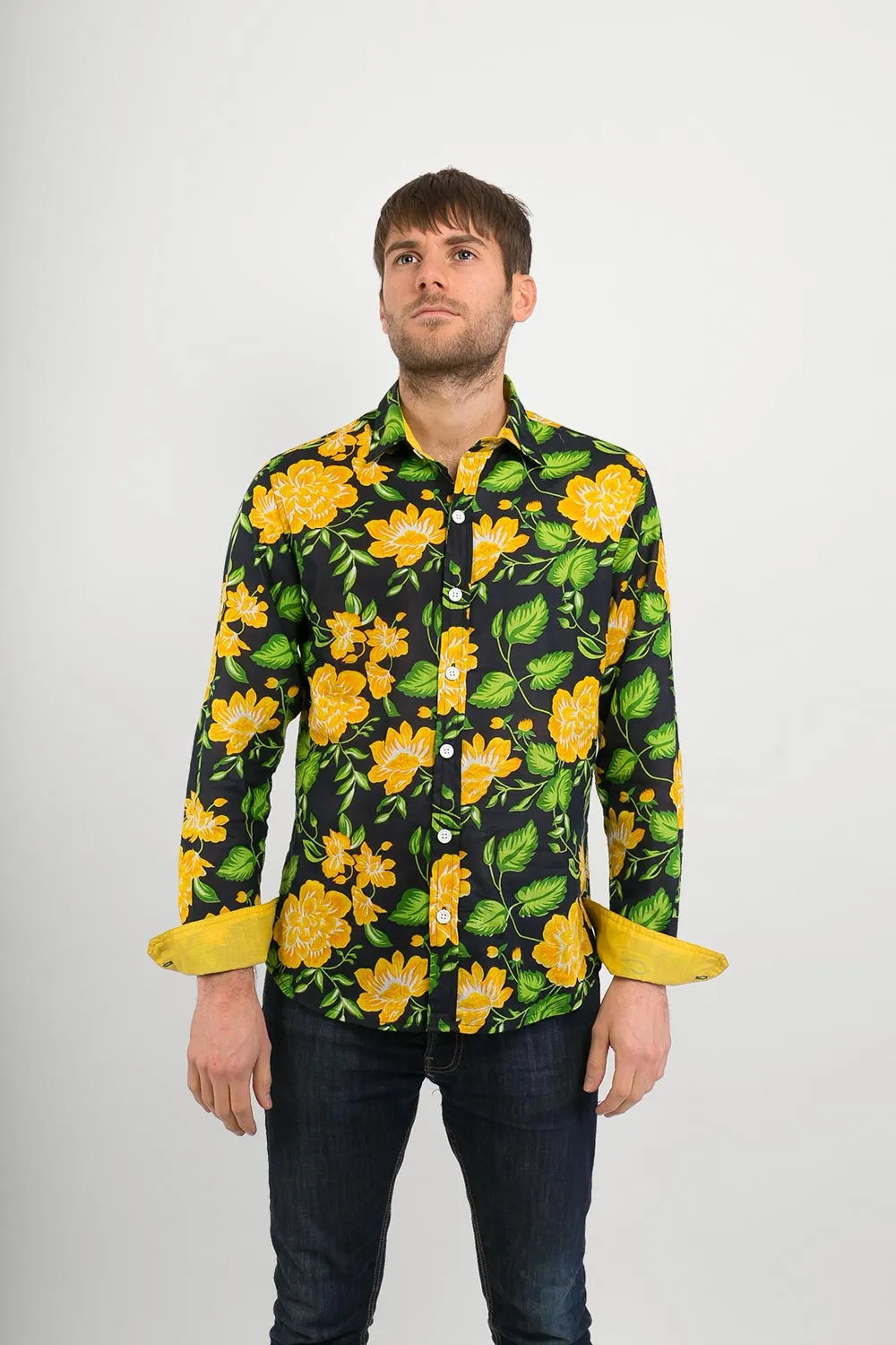 Yellow Black Flowers Print Lightweight Cotton Slim Fit Mens Shirt Long Sleeve