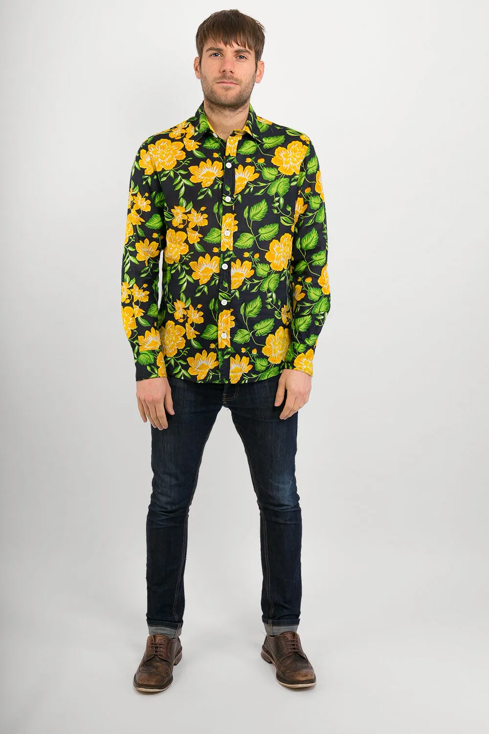 Yellow Black Flowers Print Lightweight Cotton Slim Fit Mens Shirt Long Sleeve